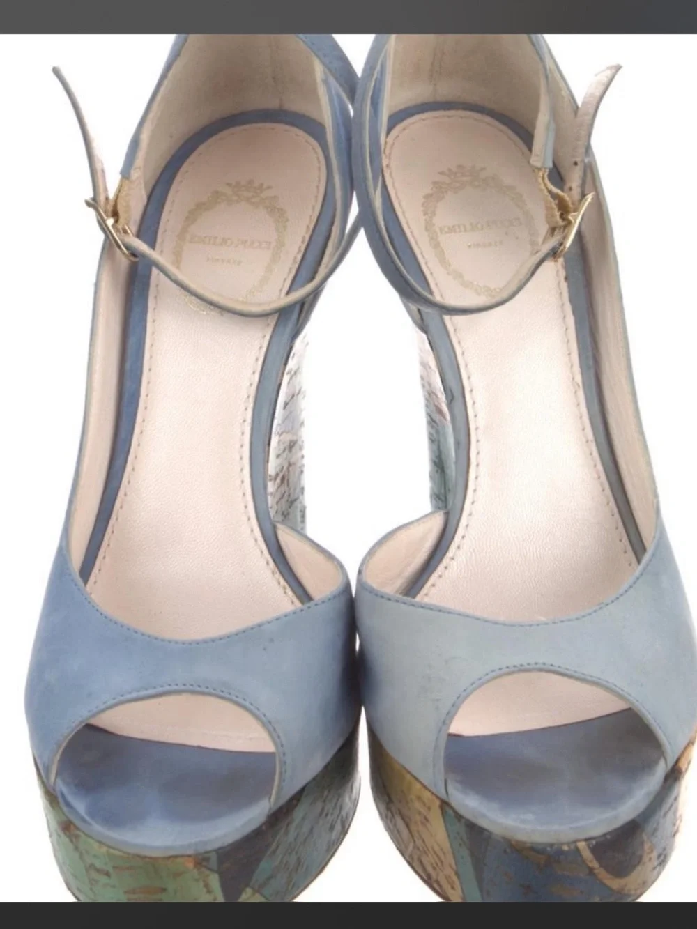 Emilio Pucci Powder Blue Ankle-Strap Cork-Print Wedge Sandals